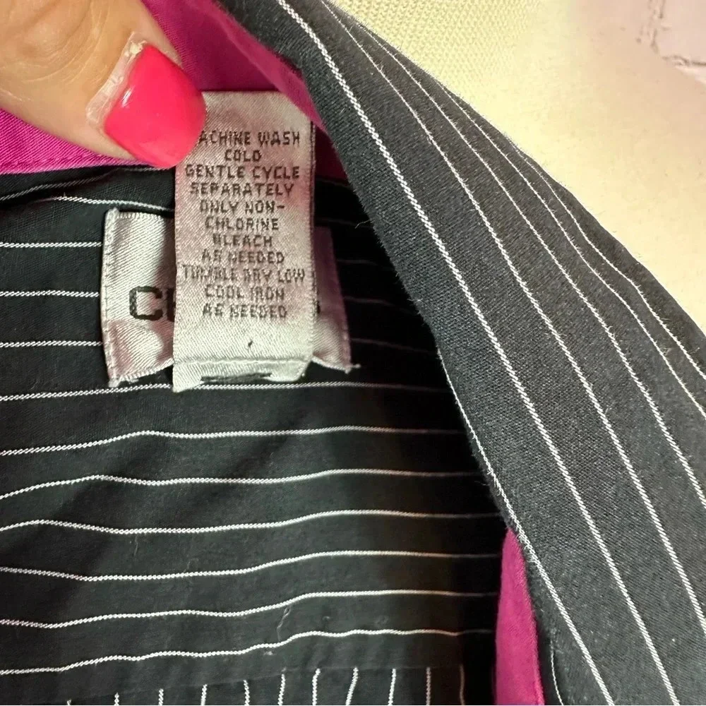 chico's black white pin stripe tunic sz 3 (XL 16) pink contrast collar